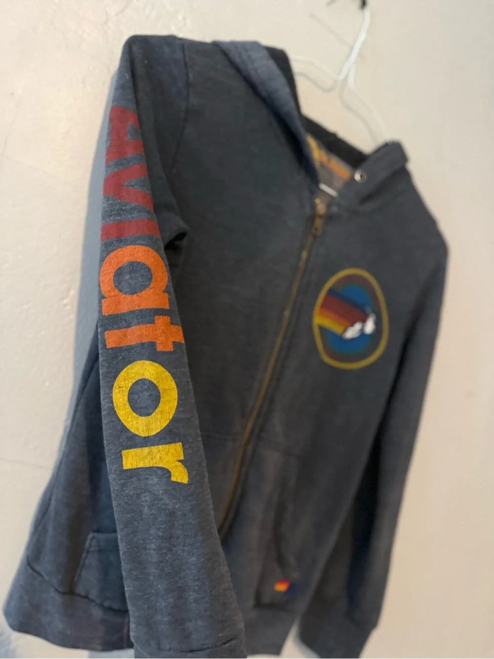 Aviator Nation Kids' Venice Charcoal Zip Hoodie with Rainbow Patch